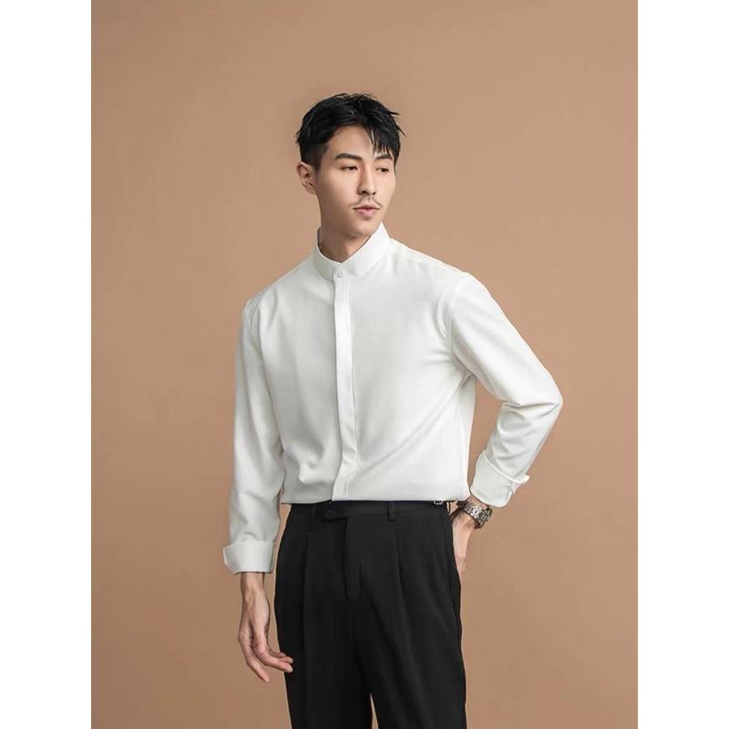 Mens Stand Collar Non Iron Slim Fit Long Sleeve Cool Casual Shirt