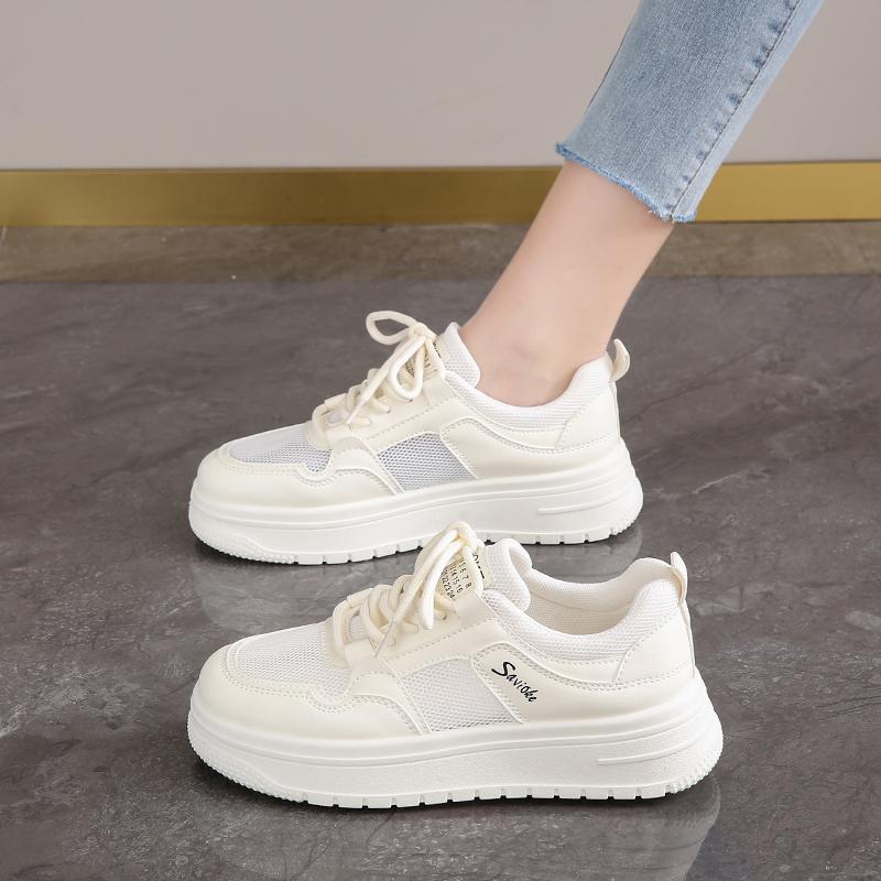 Womens Casual Sports Shoes 2026 New Spring Summer Style Thick Sole Board Shoes Breathable Artificial Flat Shoes White Sneakers