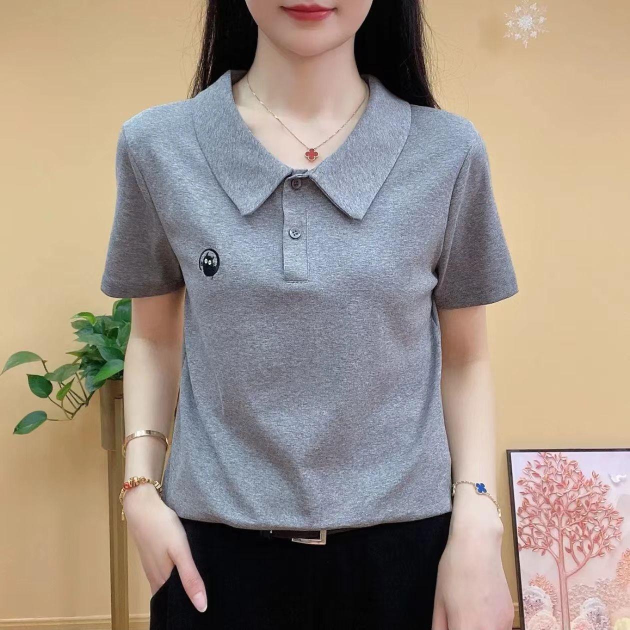 

Женская приталенная повседневная футболка с коротким рукавом и вышитым воротником Питер Пэн - Летняя мода 4XL (Recommended 130-140 jin) серый