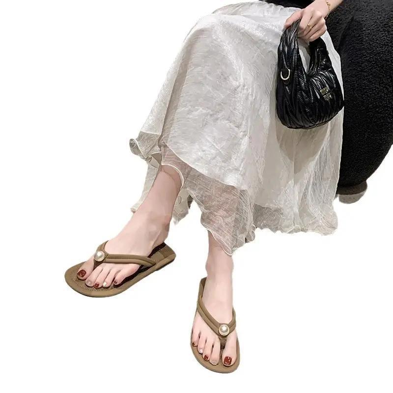 Perlen-Clip-Zehensandalen Damen Sommerbekleidung Flachboden Weichsohle Tourismus Küste Strand Hausschuhe 2025 neue Sandalen