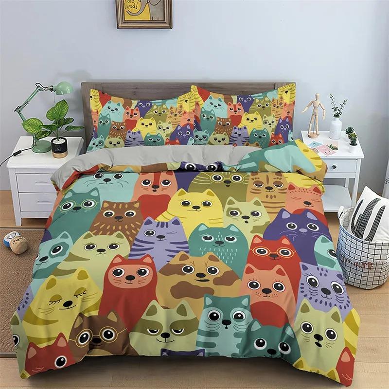 

Comforter Cute Cat Bedding Set 2-3Pcs Bedroom Set Single Double Size Polyester For Adult Boy Girl Comforter (quilt)-EU Single(135*200cm)3pcs