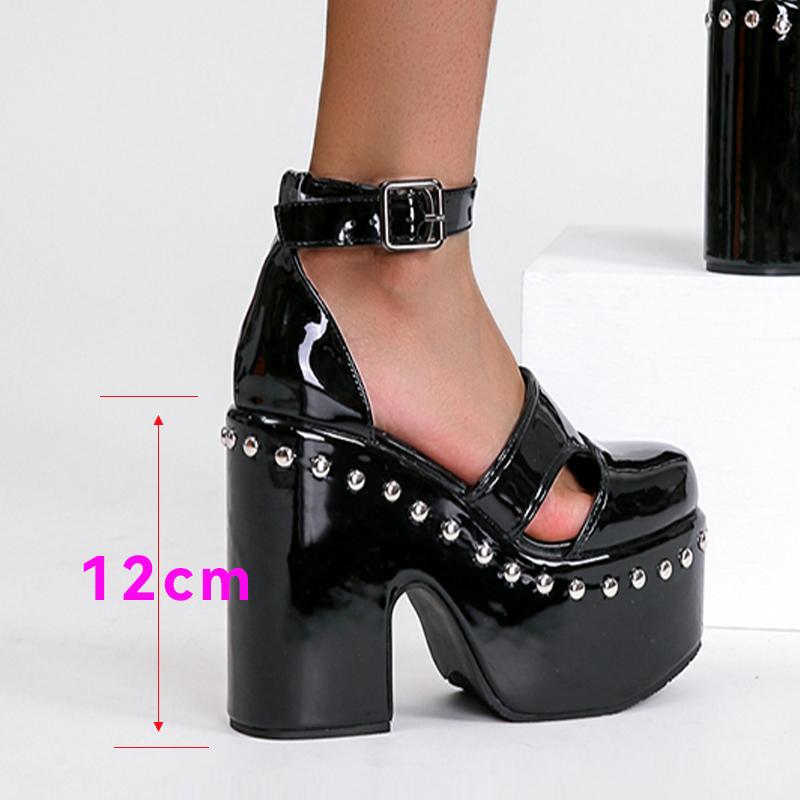 Fashion New Thick Sole Punk Sandals Women Wrap Toe Hollow Patent Leather Roman Sandalias Rivets Platform Casual Chunky Heel Buckle Shoes