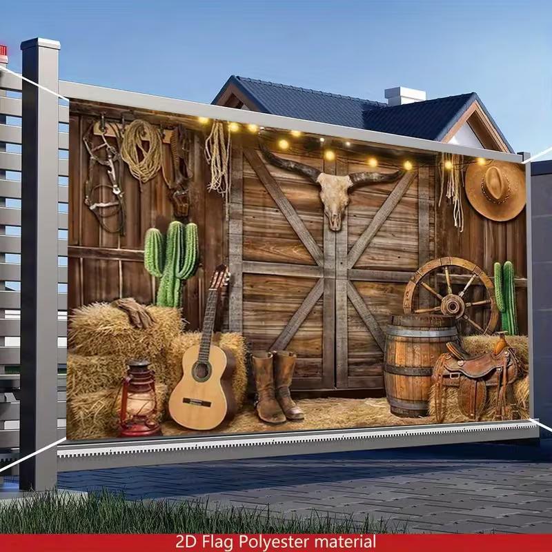 2D Wild West Farmhouse Tapestry, Rustic Cowboy Scene with Cactus and Saddle Wall Decor