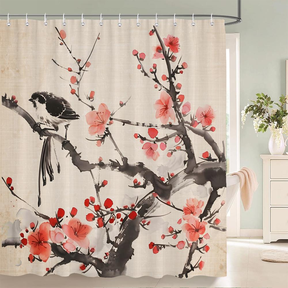 

1 Pcs Flowers Shower Curtain Printed Chinese Plum Blossom And Bird Style Polyster Home Decor Bathroom Curtain With Hooks W60H190(CM)-1 Pcs