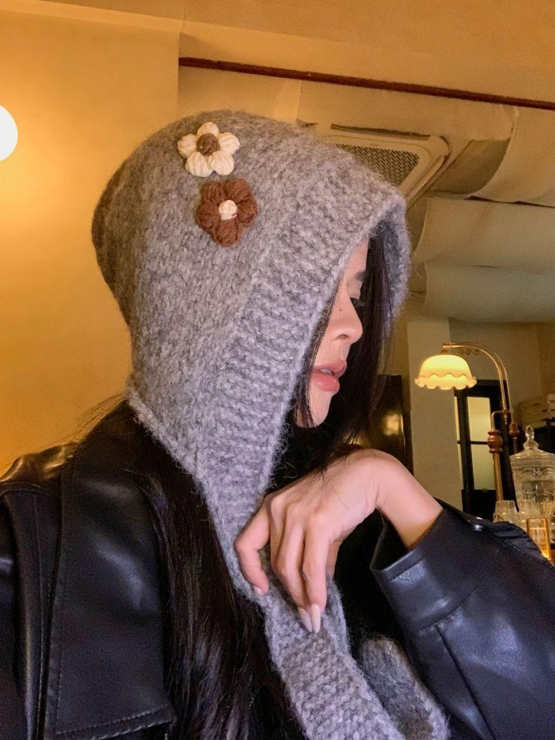 

Vintage handmade flower balaclava hat women s winter warm knitted hat scarf integrated ear protection wool hat adult average size