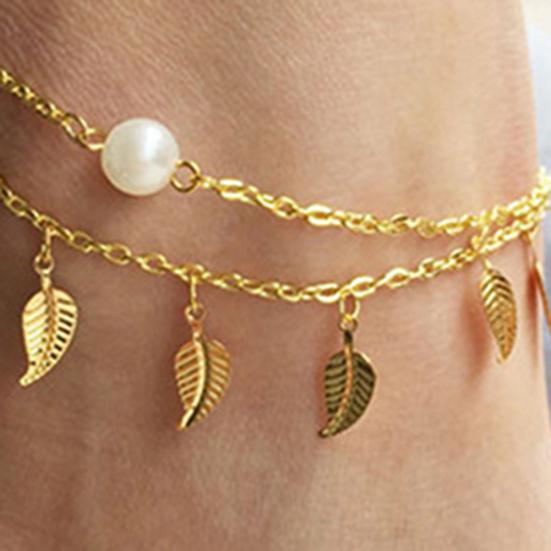 Leaf Tassels Two Layer Faux Pearl Beach Sandal Ankle Chain Foot Bracelet Anklet
