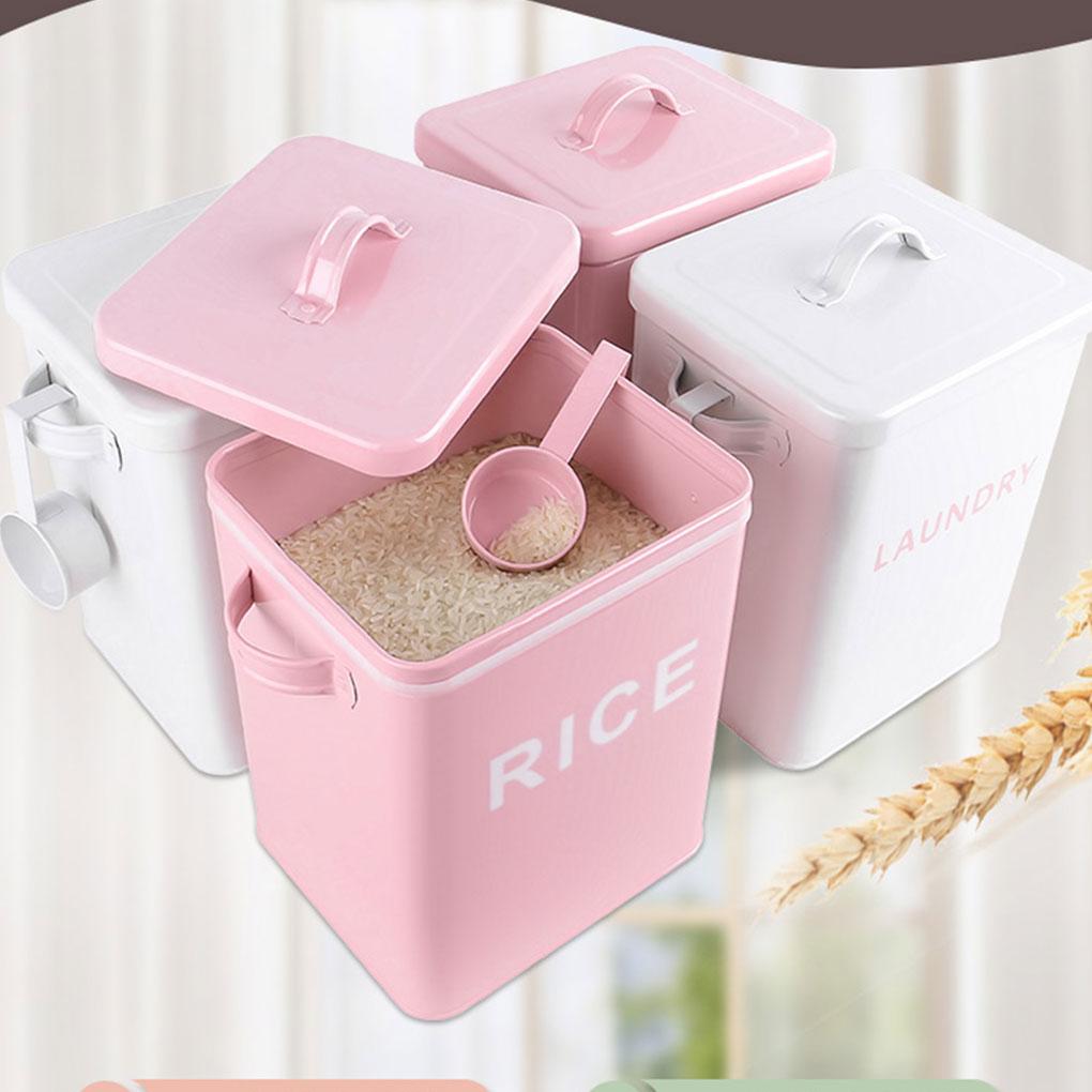 Metal Canister Rice Buckets Grain Tin Powder Laundry Powder Case Lid Scoop Insect-Proof Sealed Multipurpose Airtight