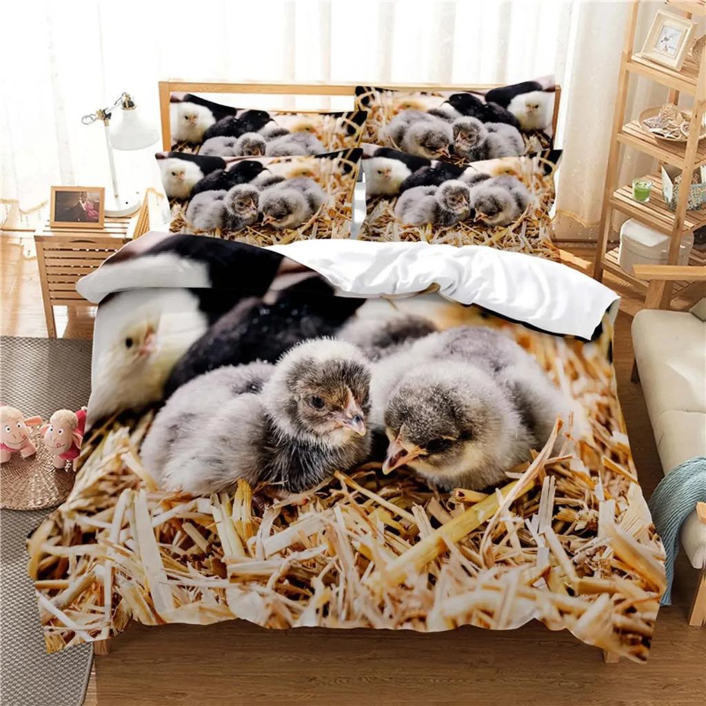 Chicken Duvet Cover King Queen Size Watercolor Rooster Bedding Set for Boys Teens Adults Farm Animal Polyester Comforter Cover