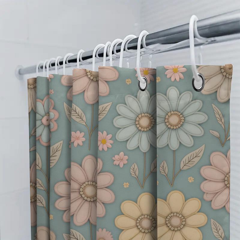 Spring Garden Flower Printed Shower Curtain Blue Floral Decor For Bathroom Accessories Pink, Green, Yellow And White Made In Chi