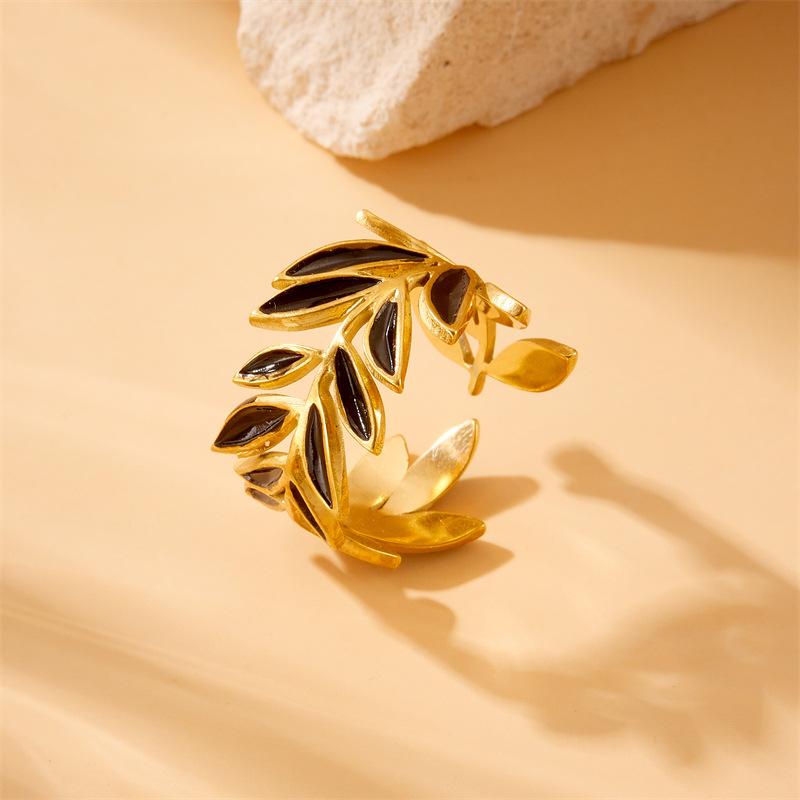 Gold Olive Leaf Jewelry Set Necklace Hoop Earrings with Black Enamel