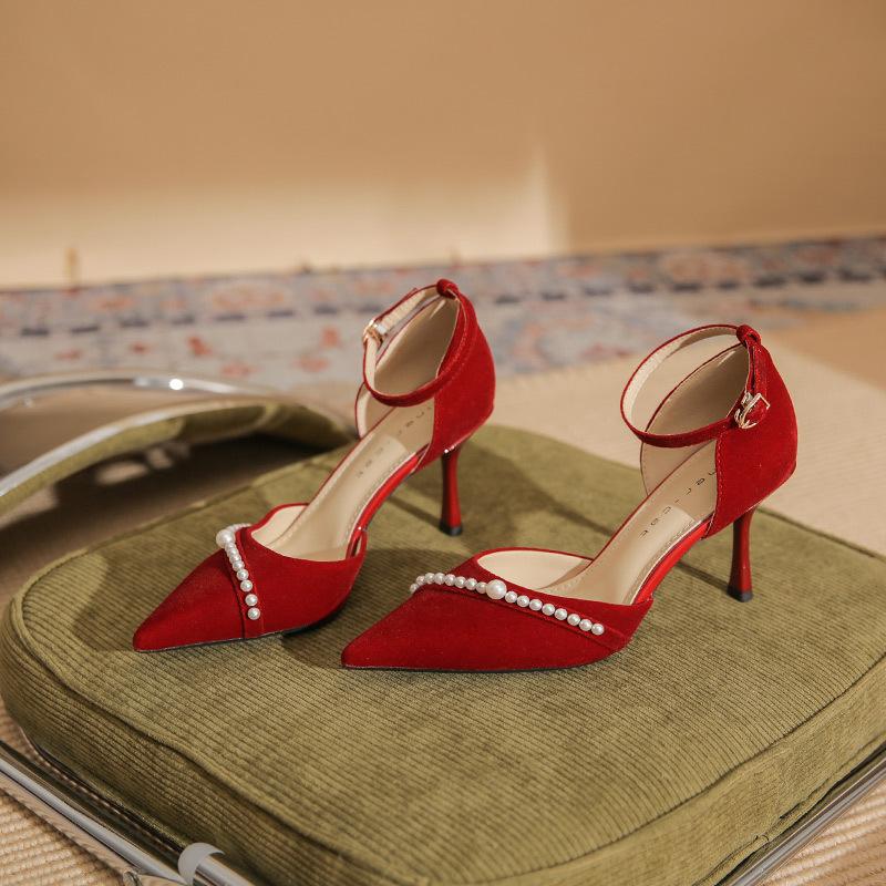 82313 High Heels Women's Thin Heels 2025 Spring New Temperament Pearl One-word Strap Wedding Shoes Pointed Shallow Mouth Single Shoes