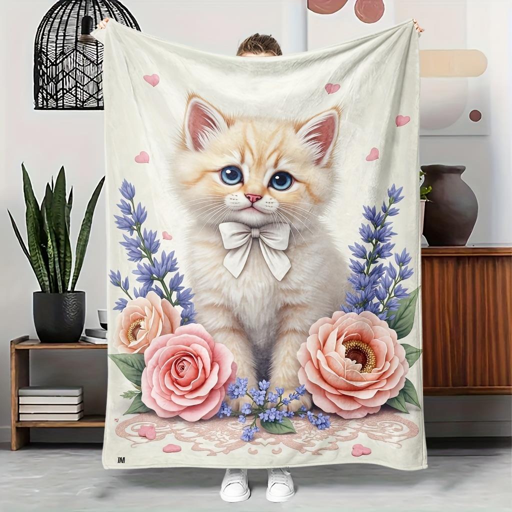 Bohemian cats with floral patterns Flannel printed blanket suitable for all seasons suitable for living room office sofa travel