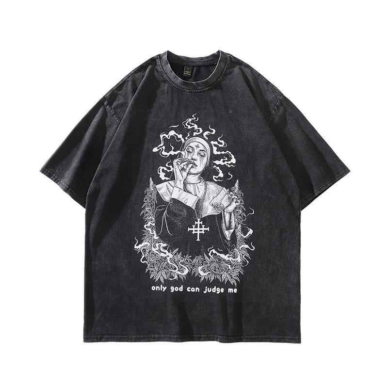 American Retro Hiphop Direct Injection Printing Heavy Vintage Washed Old Hip Hop Trendy Brand Short-Sleeved T-Shirt