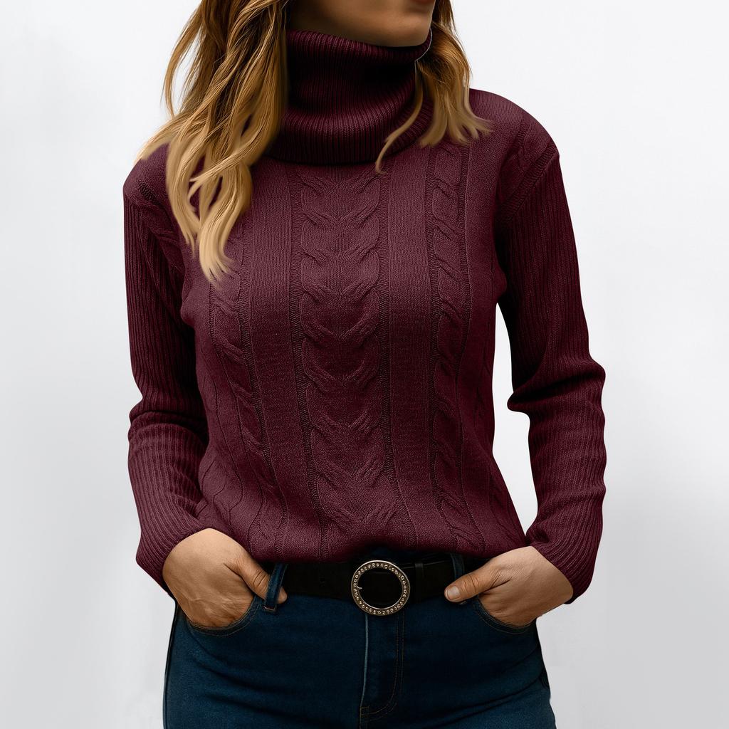 Women's Fashionable Solid Color High Neck Long Sleeved Sweater Pullover Sweater Top