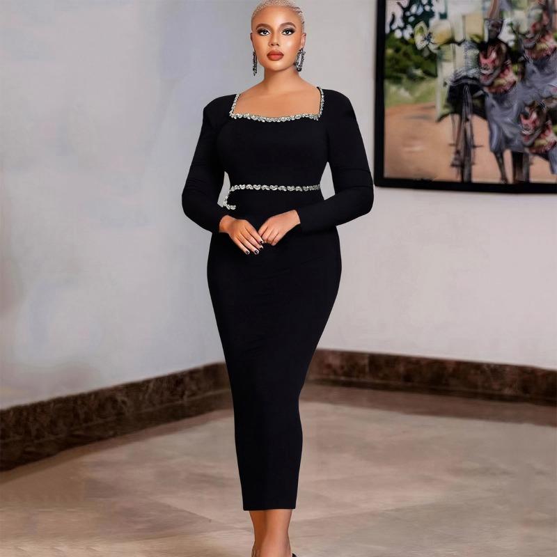 

New bandage dress elegant square neck long sleeve diamond long hip wrap party banquet evening dress fashion S чёрный