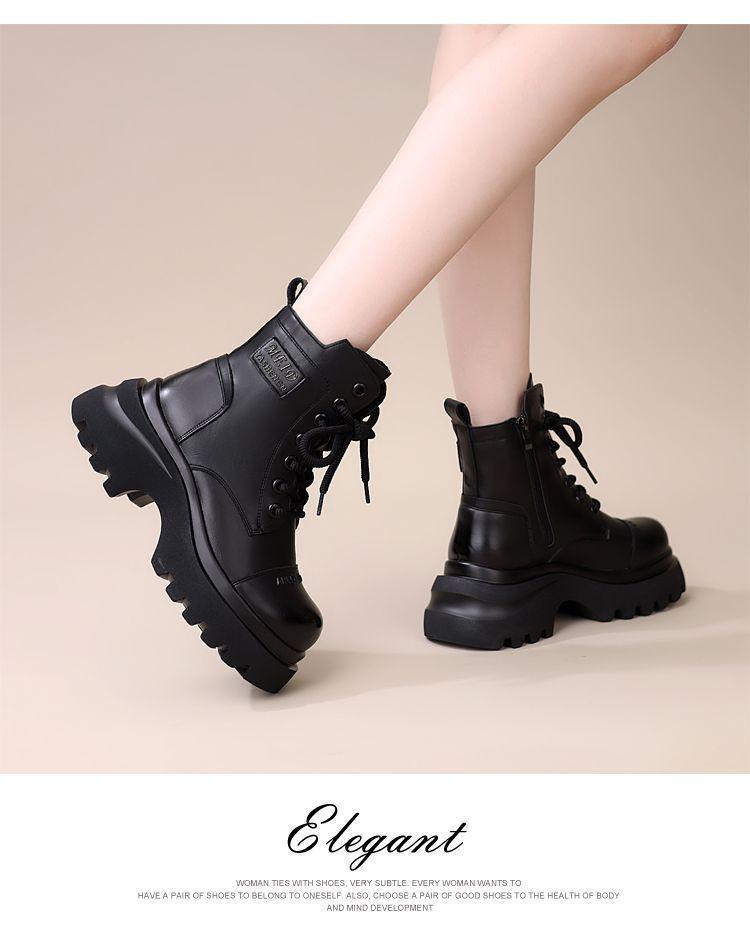 Britische Stil Damen Schwarz Martin Stiefel - Herbst/Winter 2025, Mit Dickem Absatz, Höhensteigernd, Samtgefüttert.