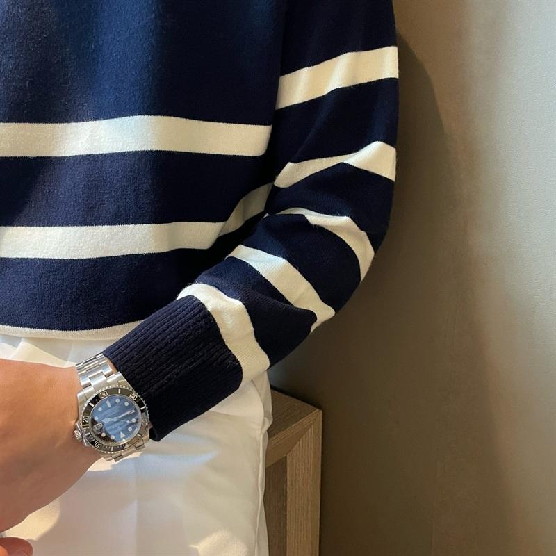 Striped Polo Collar Knitted Sweater For Men's Autumn And Winter Loose Casual Sweater Business Commuting Top