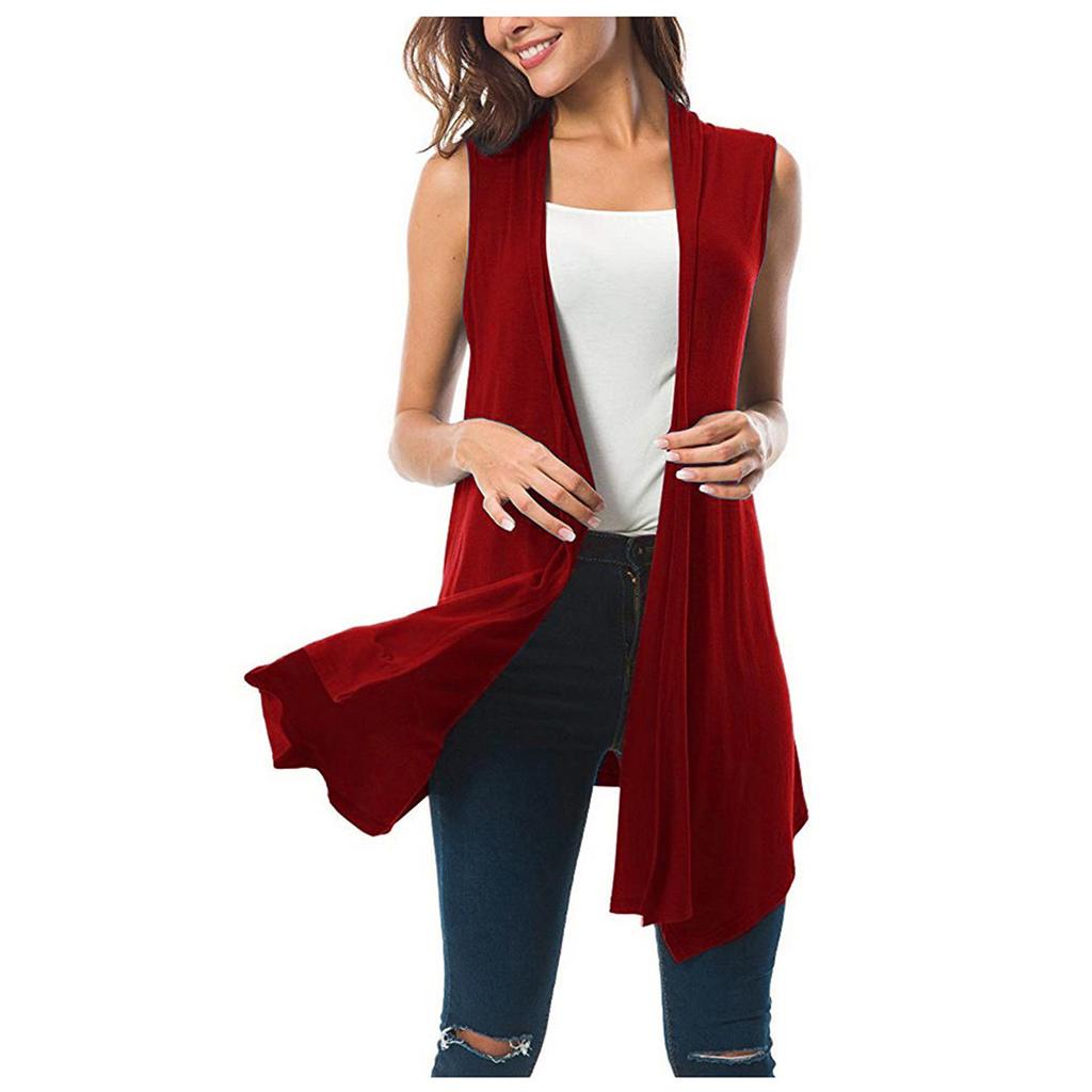 Ärmellose, drapierte, vorne offene Cardigan-Weste für Damen mit asymmetrischem Saum, Blusen-Tops