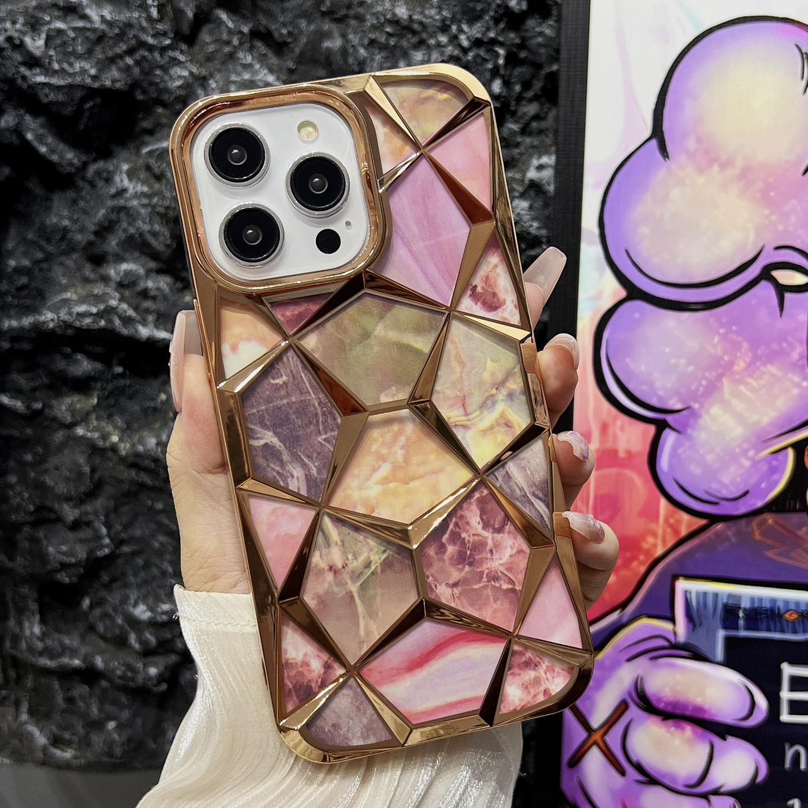

For iPhone 16 Pro Max Case Electroplating Rhombus Design TPU Phone Cover with Marble Pattern Paper Gold