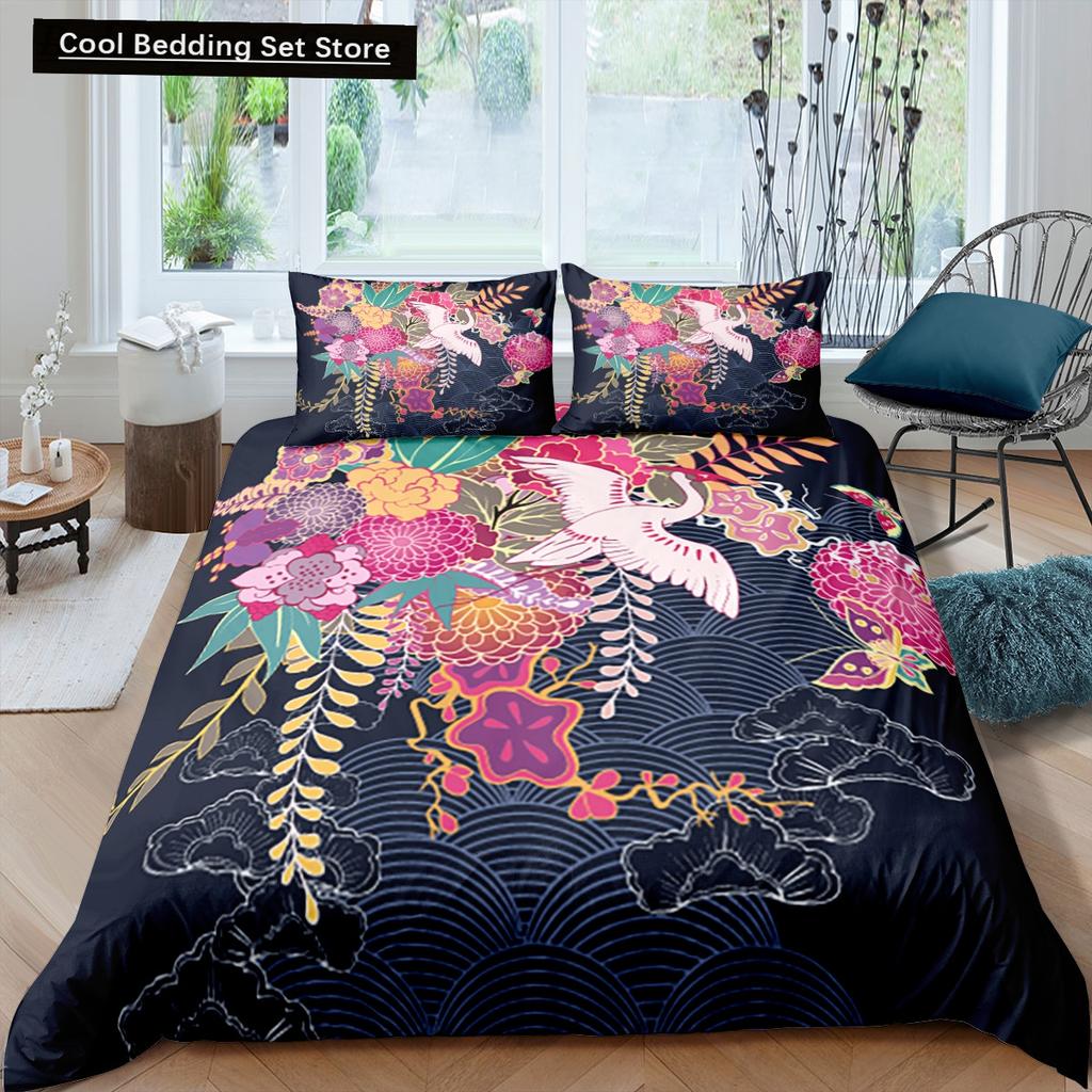 Japanischer Kranich-Bettbezug, King- und Queen-Size-Bettwäscheset mit Wellenblume im Ukiyo-e-Stil, östliche Kultur, 2/3-teilig, Polyester-Bettbezug