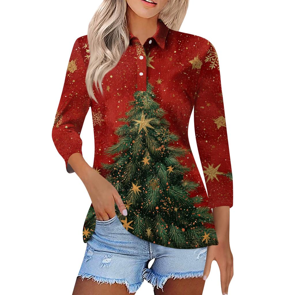 Dámská móda Ležérní klopa Krátký 3/4 rukáv Vánoční potisk Košile Dámské knoflíkové topy