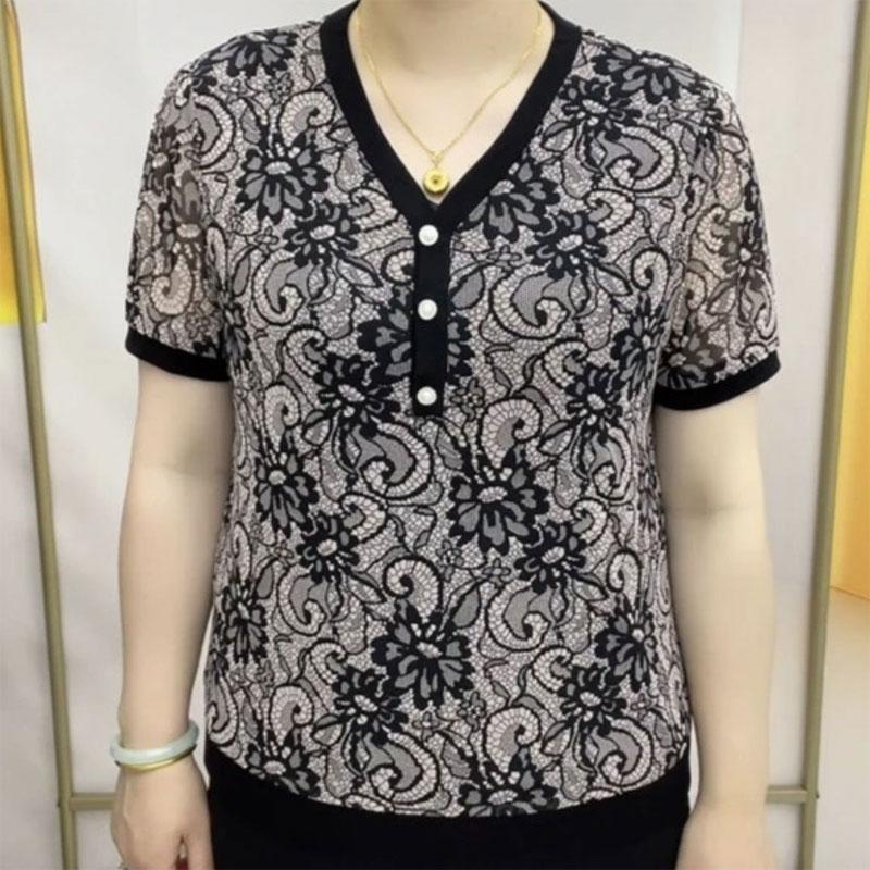 

Футболка с принтом сломанных цветов, повседневная, с V-образным вырезом на пуговицах, летняя, с коротким рукавом, женская, винтажная, с нашивками, пуловер 6XL серый