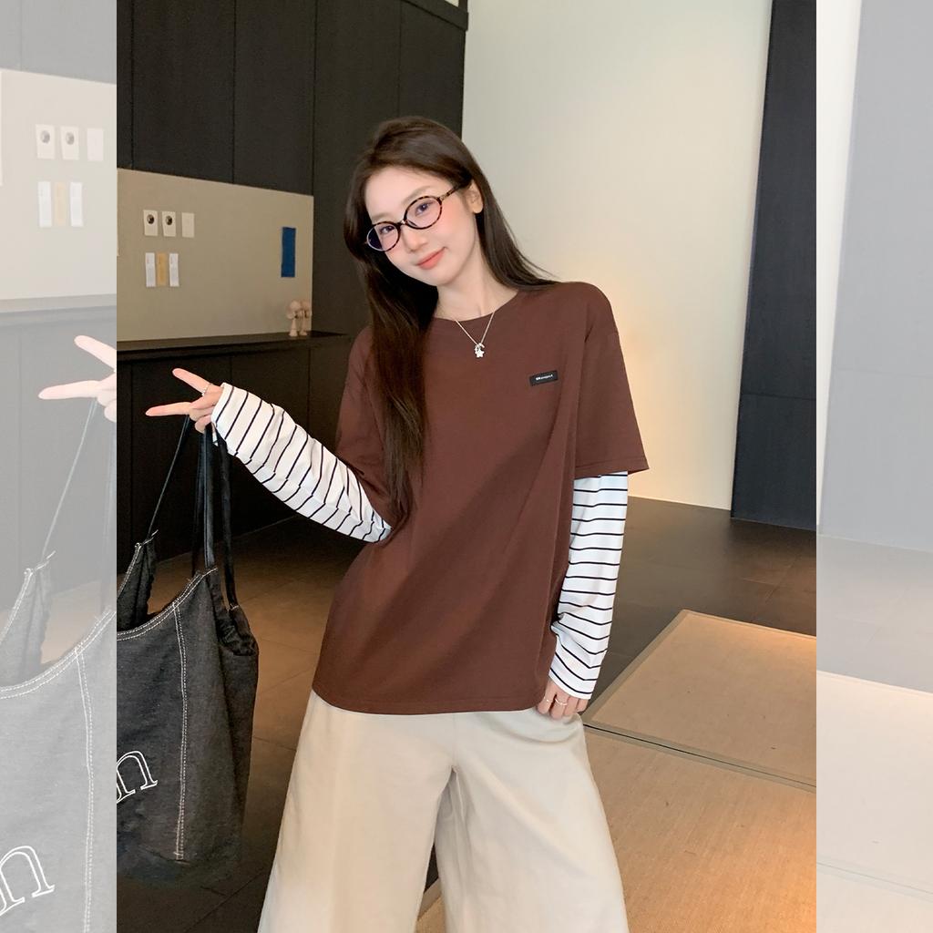 Crew neck contrasting stripes splicing fake two-piece long-sleeved T-shirt autumn new inner bottoming shirt design top women