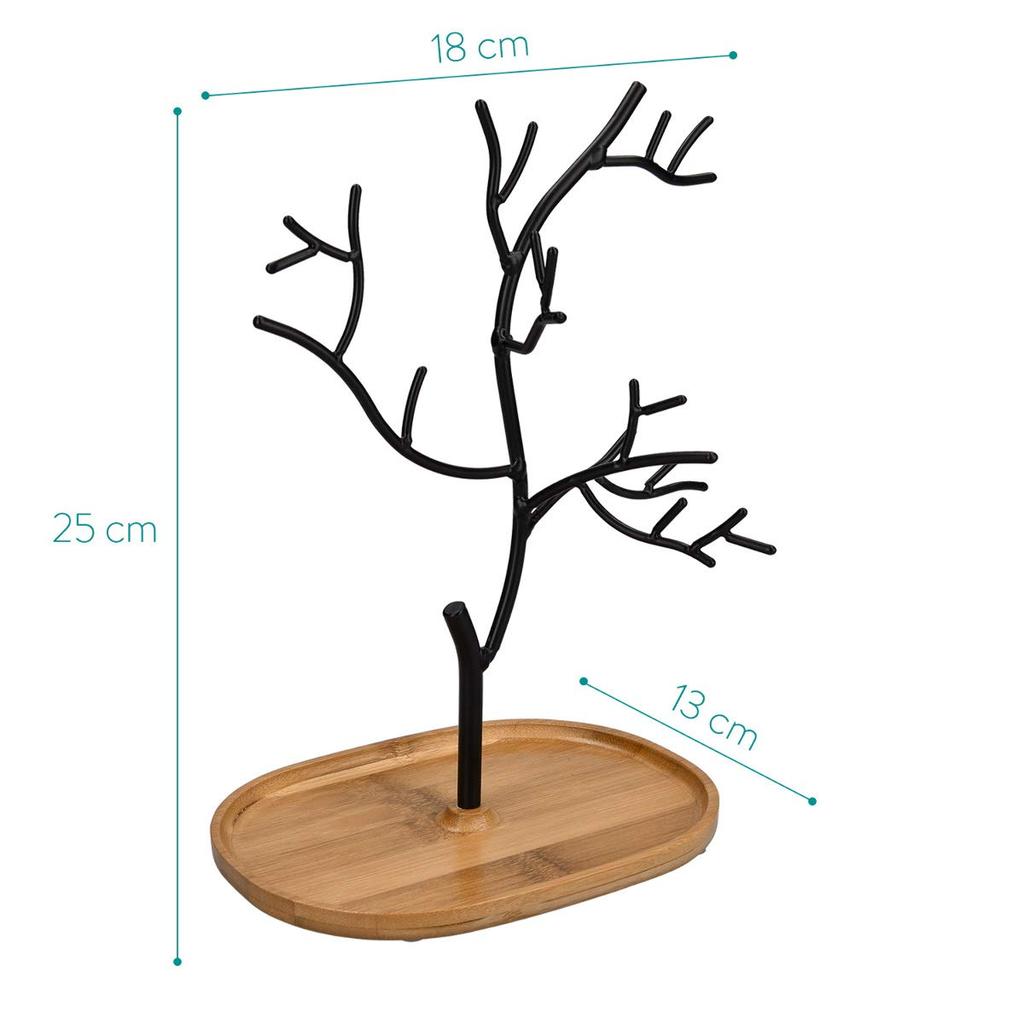 Navaris Tree-Shaped Accessory Stand/Trinket Tray - Multifunctional Bamboo Storage/Display for Watches, Earrings, and Rings - Black