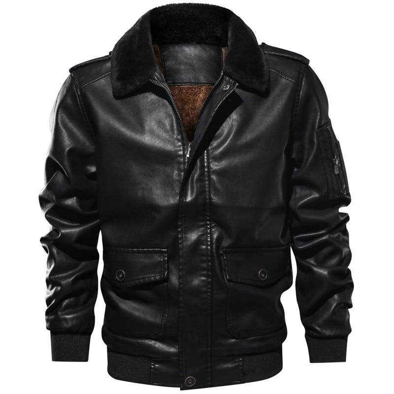 Men's Winter Leather Jacket Casual Fur Turn Down Collar Retro PU Flight Jackets Man Fleece Warm Faux