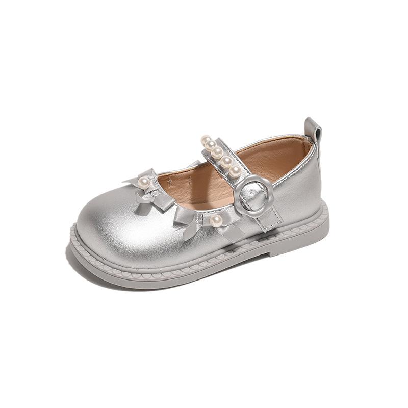 Girls Pearl Bow Decor Buckle Strap Soft Sole Elegant Mary Jane Flats
