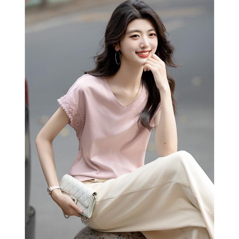 Demana Women's Summer V-Neck Lace Trim Mercerized Cotton T-Shirt