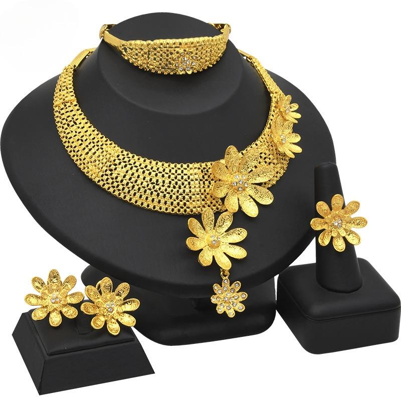 Dubai Gold Jewelry Indian Flower Bridal Jewelry Set Saudi Ladies Necklace Bracelet Earrings Ring Four-piece Set 2026