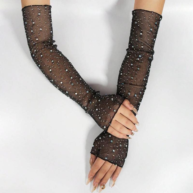 Fashion Long Sunscreen Lace Gloves Women's Thin Fingerless Gloves Outdoor Breathable Mesh Sexy Rhinestone Decor Sleeves