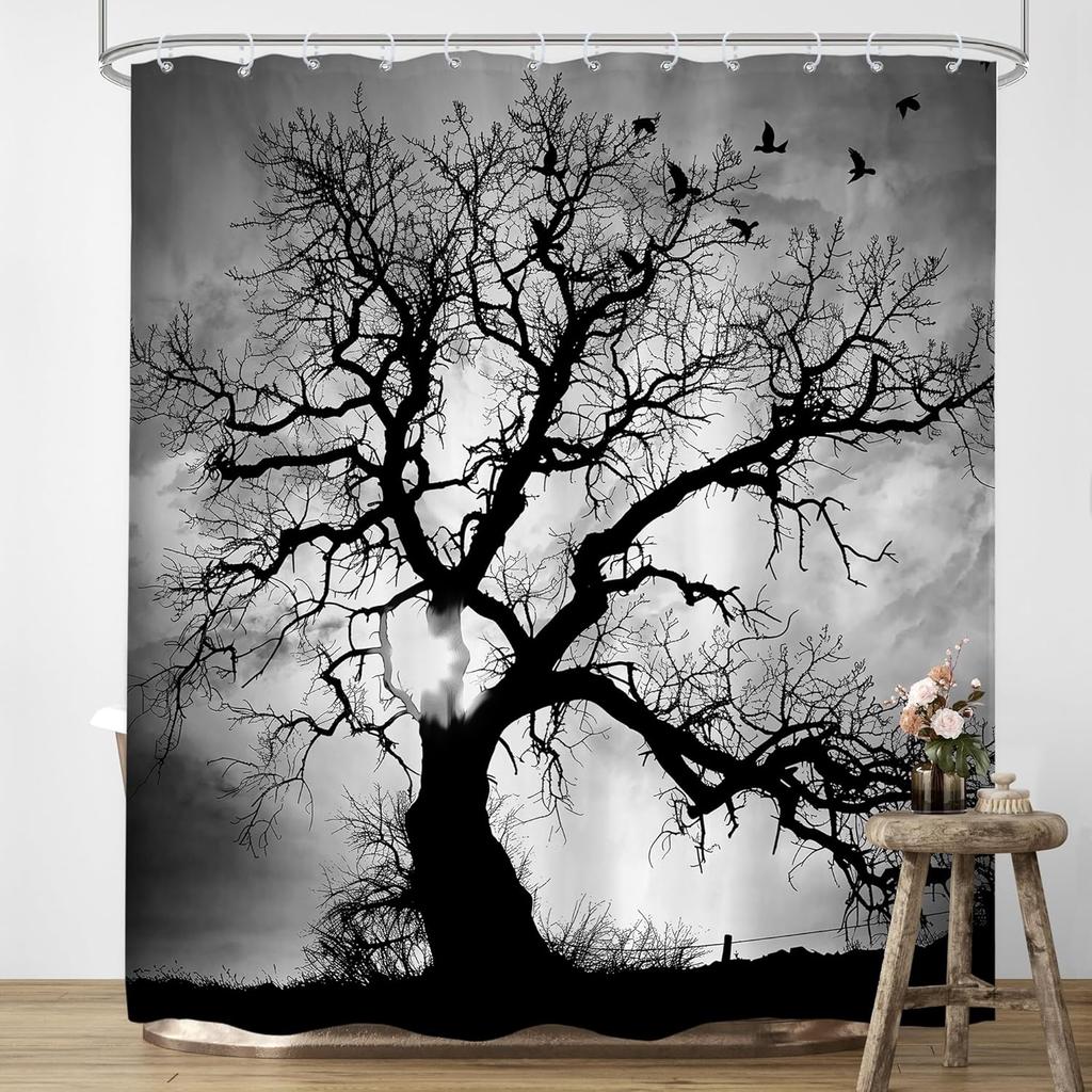 Tree Shower Curtain Black White Grey Sky Nature Branch Silhouette Landscape Men Cool Unique Cloth Fabric Waterproof Polyester