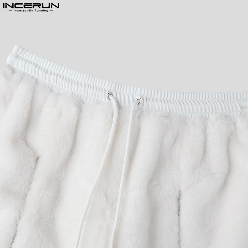 INCERUN Men Drawstring Elastic Waist Zip-up Hem Furry Mini Shorts Pants