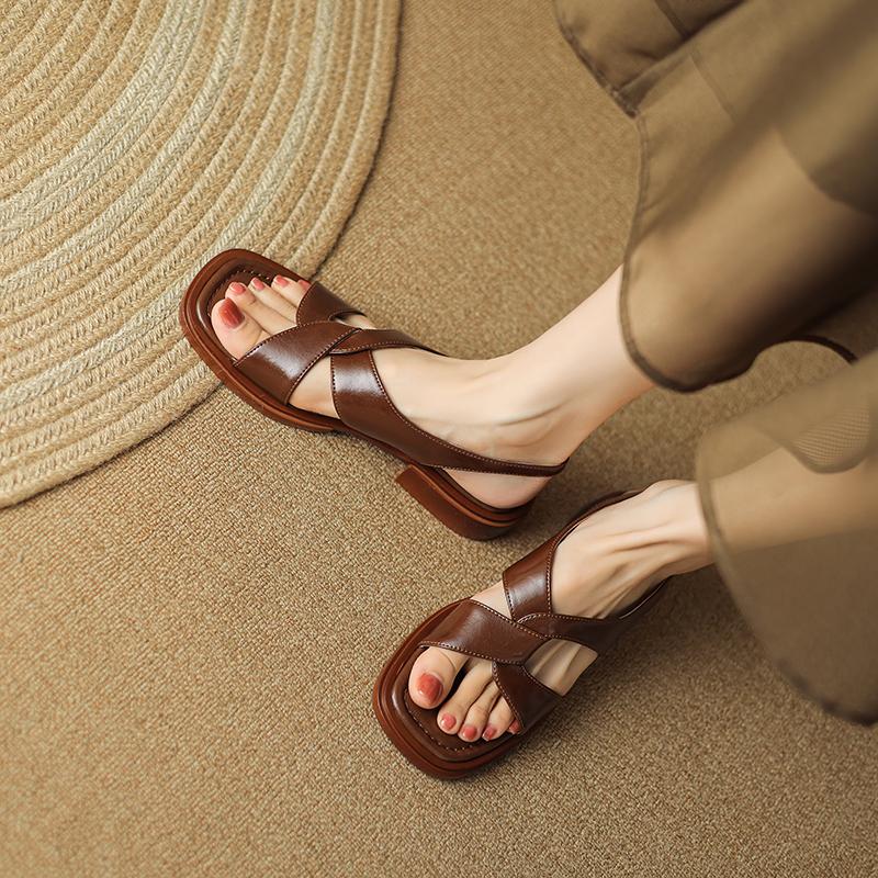 Fashion 2024 New Summer Sandals Women Open Toe Low Heel Fashion Women Shoes Genuine Leather Simplicity Sandals for Women Flat Sandals