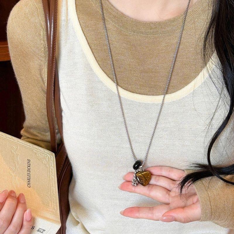 Vintage Natural Tigereye Heart Cross Beaded Necklace With Metallic Flower Pendant Women Sweater Chain Jewelry