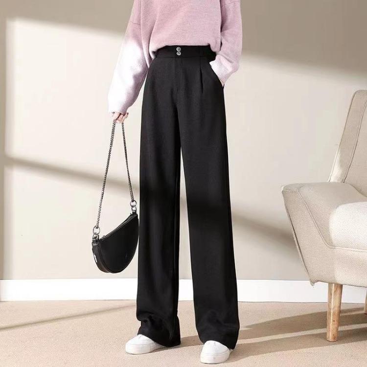 Women High Waisted Woolen Pants Autumn Winter Thick Wide Leg Draping Trousers Outside Wear S