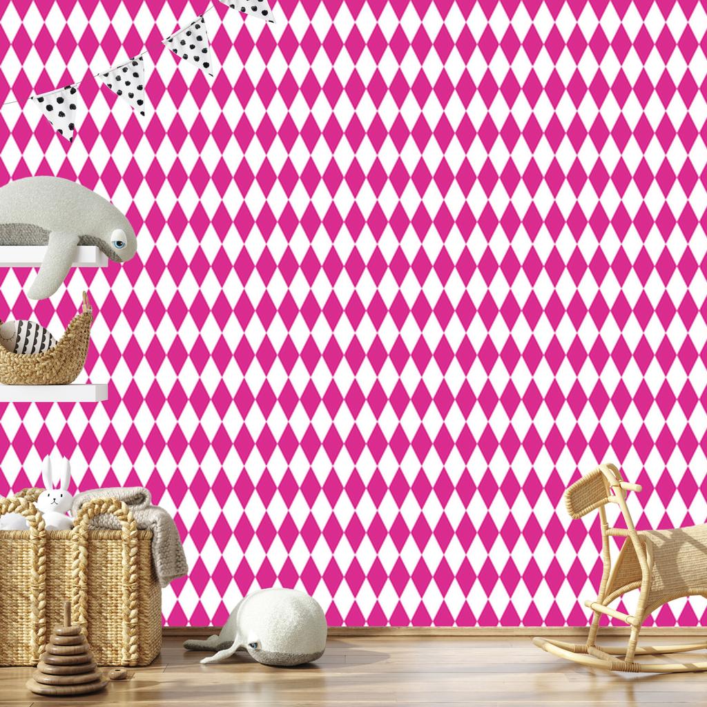 Harlequin Rhombus Wallpaper, purple and white, powder pink background, 50x1000