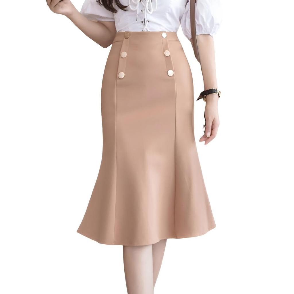 Syvent Khaki 4 Tight High Perfect for Going 12F284 Women's Knee-Length Skirt, Colors, Ruffled, Fit, Waist, Knee-Length, Stylish, Elegant, Slimming,