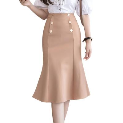 Syvent Khaki 4 Tight High Perfect for Going 12F284 Women's Knee-Length Skirt, Colors, Ruffled, Fit, Waist, Knee-Length, Stylish, Elegant, Slimming,