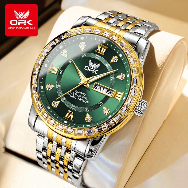 OPK 8174 Quartz Watches for Men Fashion Diamond Bezel Auto Date Week Waterproof Luminous Classic Business Men's Wristwatches