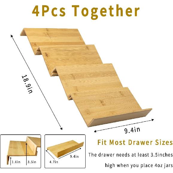 Bamboo Spice Rack For Drawer, 4 Tier Stackable Seasoning Storage Organizer Insert,for Kitchen Condiments Storage Insert(Jars Not Included,9.4"