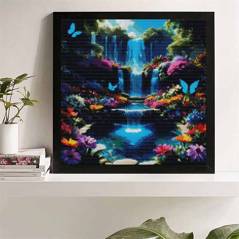 DIY Diamond Painting Canvas Kit for Adults Enchanted Waterfall Butterflies Rhinestone Craft for Stress Relief Living Room Wall Decoration Gift