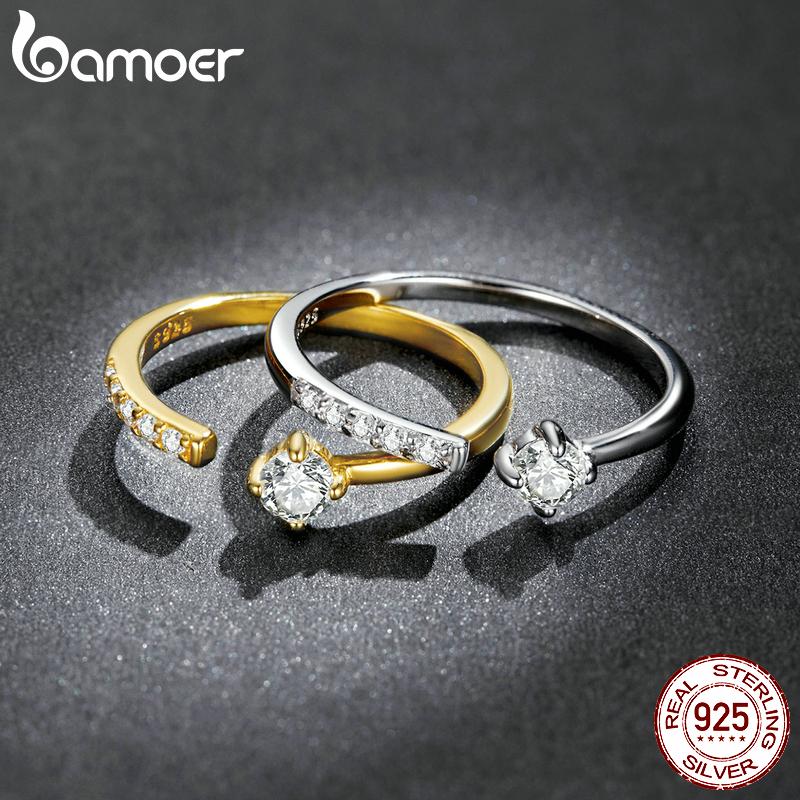 BAMOER, argint 925, simplu, la modă, placat cu aur, placat cu platină, pavaj, zircon, inel reglabil pentru femei, bijuterii fine