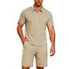 Mens Casual Two Piece Outfit Textured Quarter Zip Polo Shirt And Drawstring Shorts Set