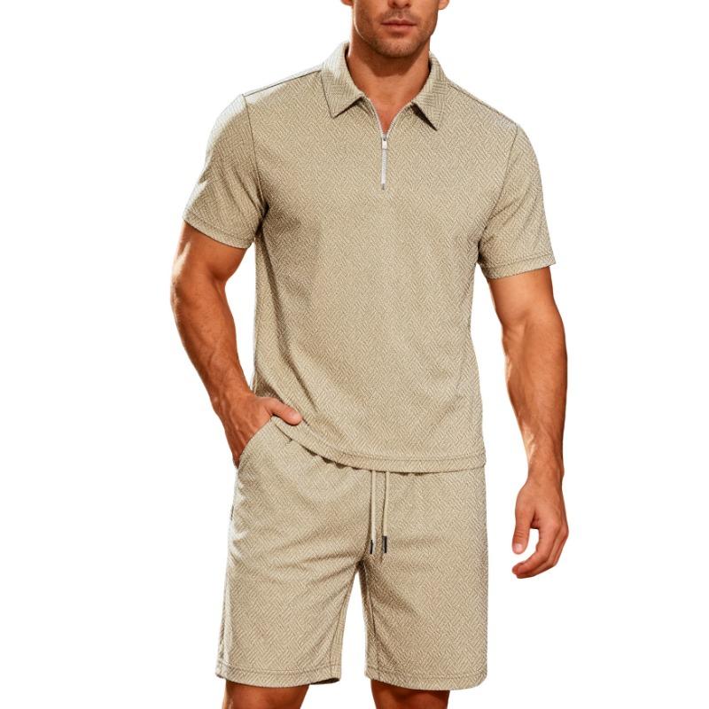 Mens Casual Two Piece Outfit Textured Quarter Zip Polo Shirt And Drawstring Shorts Set