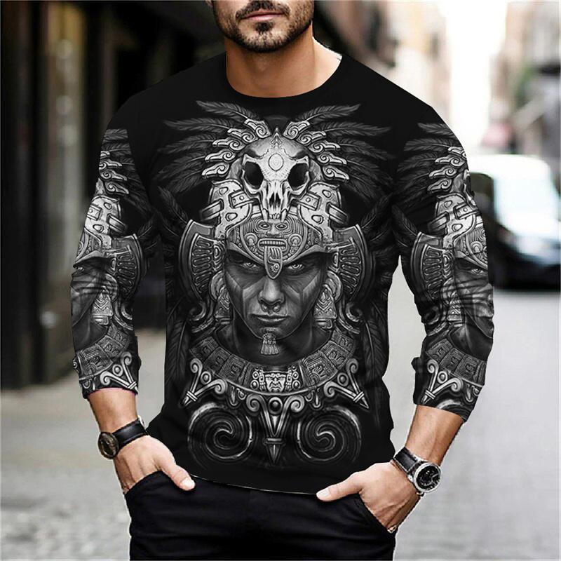 Round Neck 3D Aztec Graphic Printed Casual Long Sleeved Men's T-shirts - Soft Medium Stretch Polyester Fabric Spring and Autumn Relaxed Fit Clothing