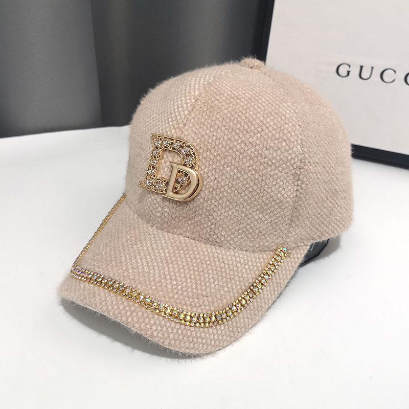 Purchase Rabbit Fur Hat Ins Autumn and Winter D Letter Diamond-encrusted Peaked Cap Showing a Small Warm Plush Baseball Cap