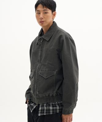 Placestudioman Cut-Out Two-Way Single Collar Pocket Oversized Blouson Zip-Up Strap Jacket [Charcoal]